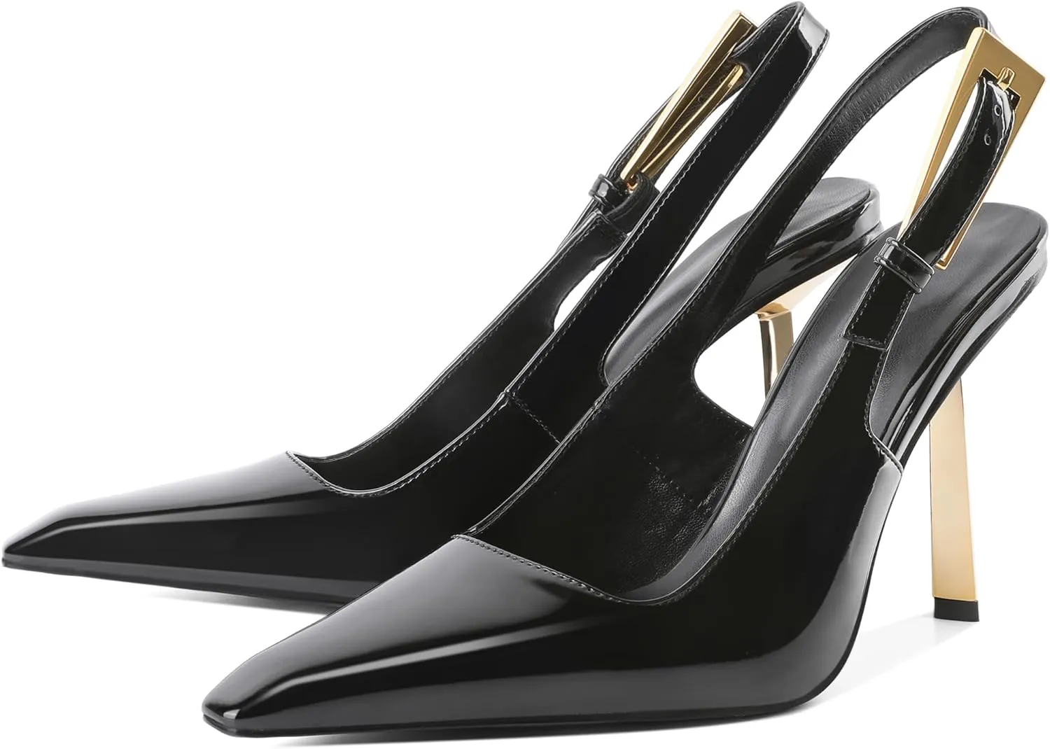 Eldof Slingback Heels for Women Metallic Buckle Square Toe Slip On Gold Stilettos High Heel Pumps Shoes Dressy 4 Inches