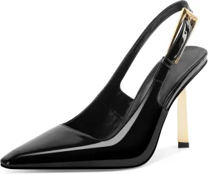 Eldof Slingback Heels for Women Metallic Buckle Square Toe Slip On Gold Stilettos High Heel Pumps Shoes Dressy 4 Inches