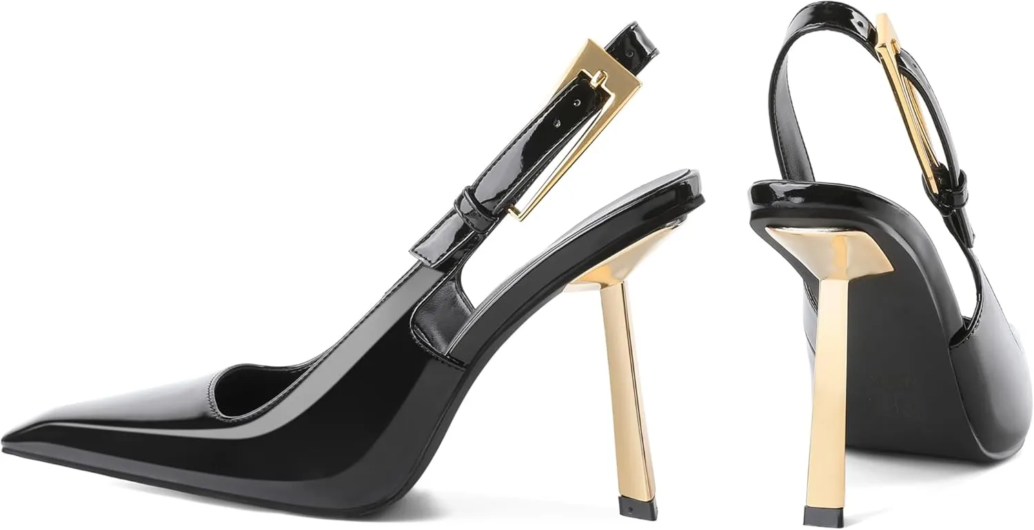 Eldof Slingback Heels for Women Metallic Buckle Square Toe Slip On Gold Stilettos High Heel Pumps Shoes Dressy 4 Inches