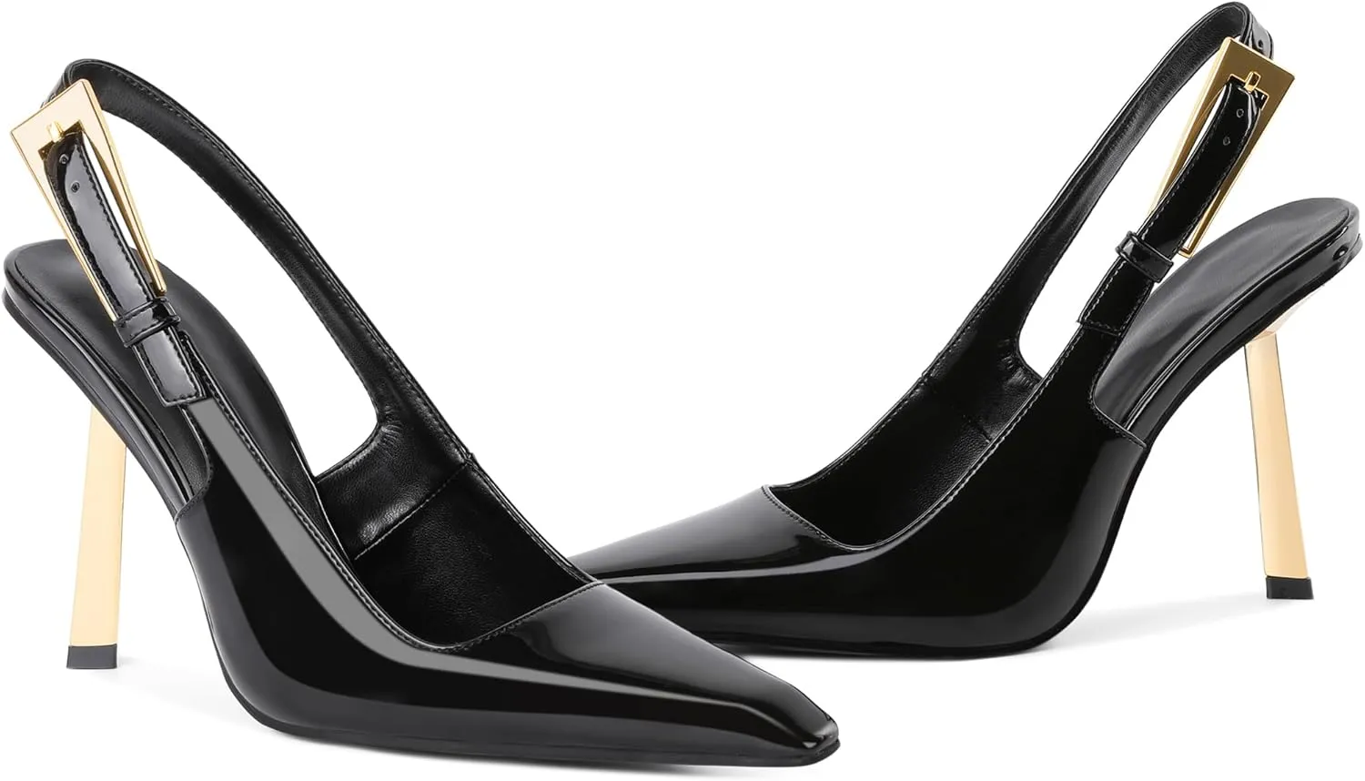 Eldof Slingback Heels for Women Metallic Buckle Square Toe Slip On Gold Stilettos High Heel Pumps Shoes Dressy 4 Inches