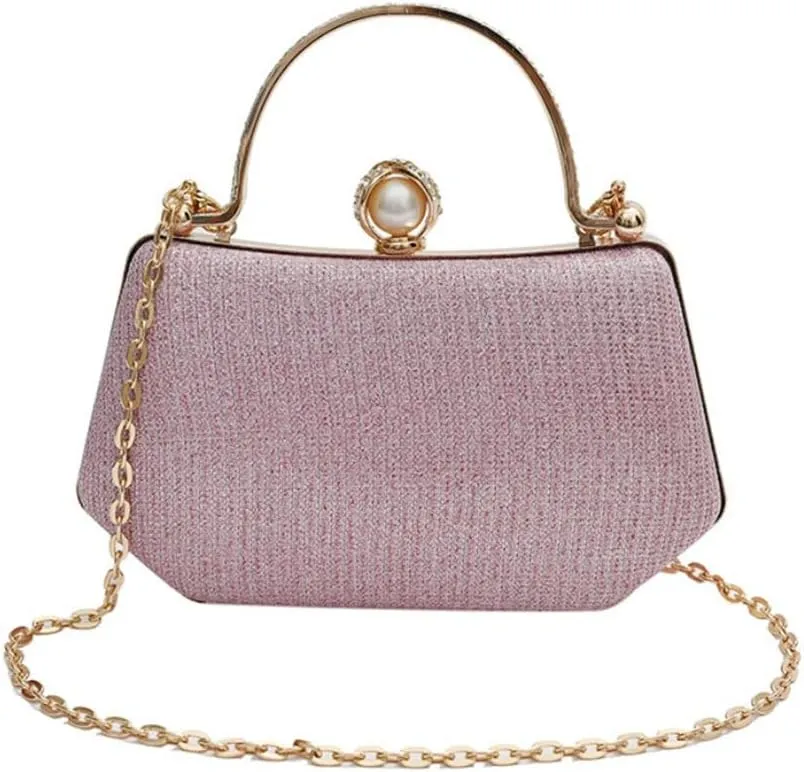 Elegant Clutch Handbag with Pearl Ornament and Detachable Chain Strap, 4.7H x 7.9W x 2.4D inches
