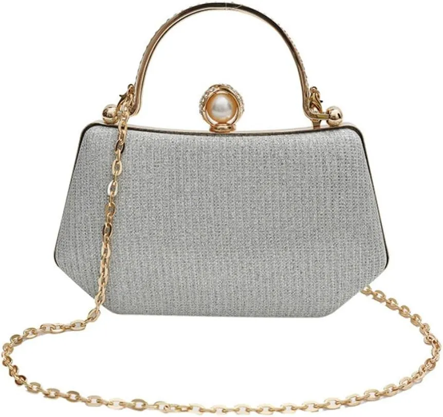 Elegant Clutch Handbag with Pearl Ornament and Detachable Chain Strap, 4.7H x 7.9W x 2.4D inches