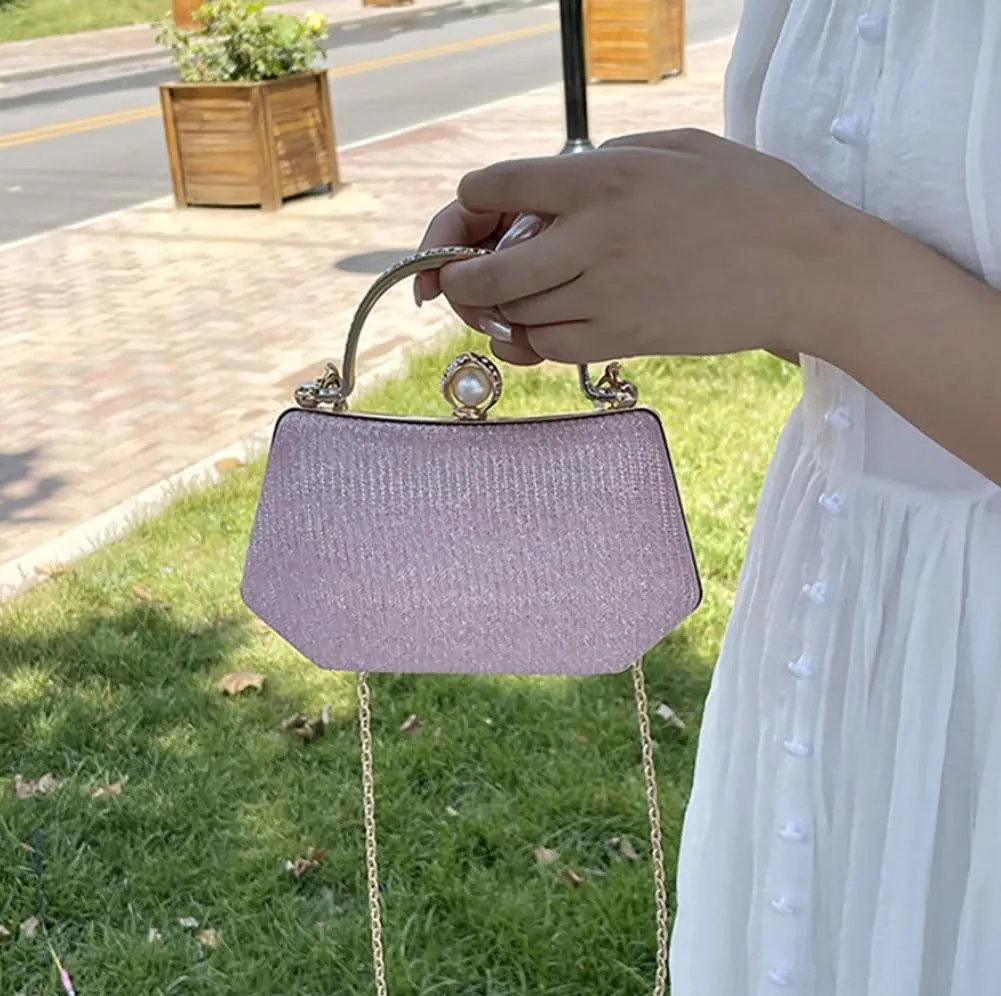Elegant Clutch Handbag with Pearl Ornament and Detachable Chain Strap, 4.7H x 7.9W x 2.4D inches