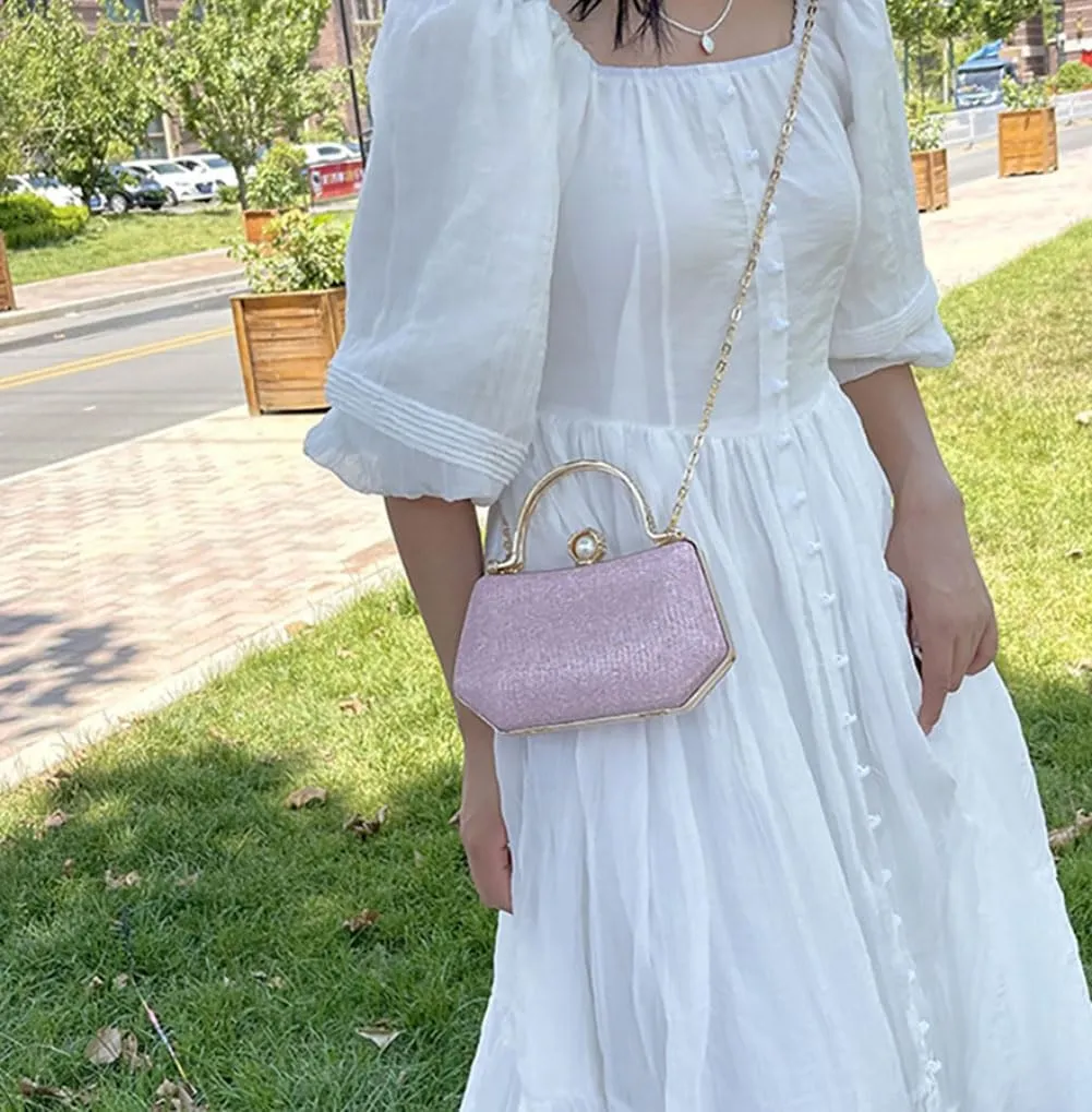 Elegant Clutch Handbag with Pearl Ornament and Detachable Chain Strap, 4.7H x 7.9W x 2.4D inches