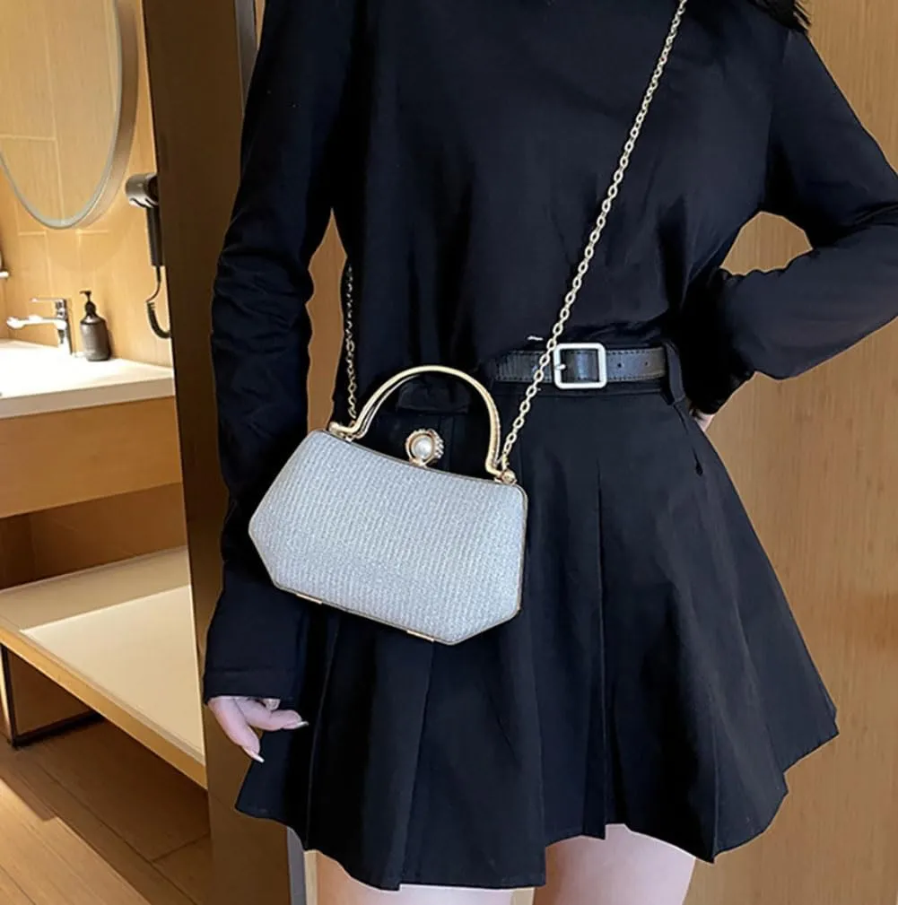 Elegant Clutch Handbag with Pearl Ornament and Detachable Chain Strap, 4.7H x 7.9W x 2.4D inches
