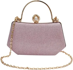 Elegant Clutch Handbag with Pearl Ornament and Detachable Chain Strap, 4.7H x 7.9W x 2.4D inches