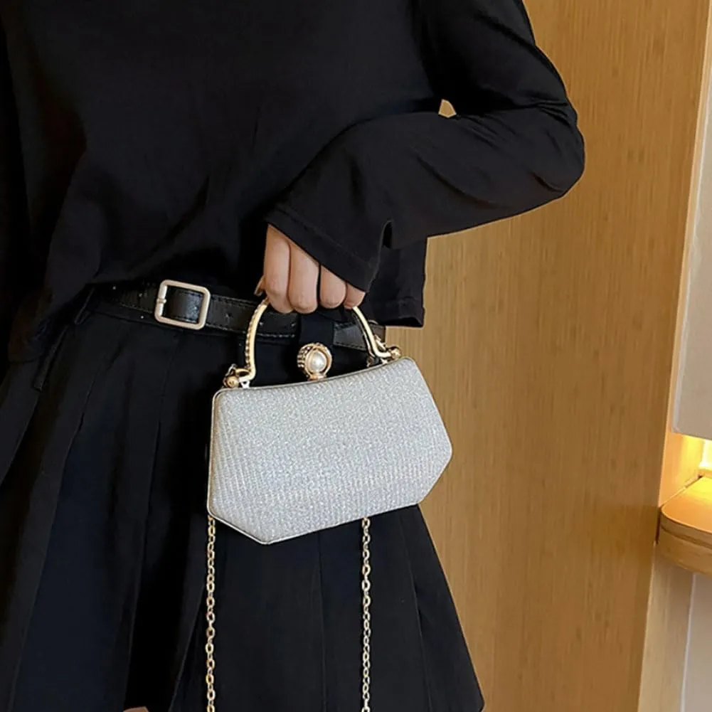 Elegant Clutch Handbag with Pearl Ornament and Detachable Chain Strap, 4.7H x 7.9W x 2.4D inches