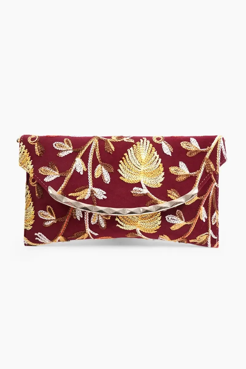 Elegant Embroidered Evening Clutch with Chain Strap for Women( Maroon )