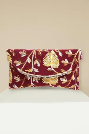Elegant Embroidered Evening Clutch with Chain Strap for Women( Maroon )