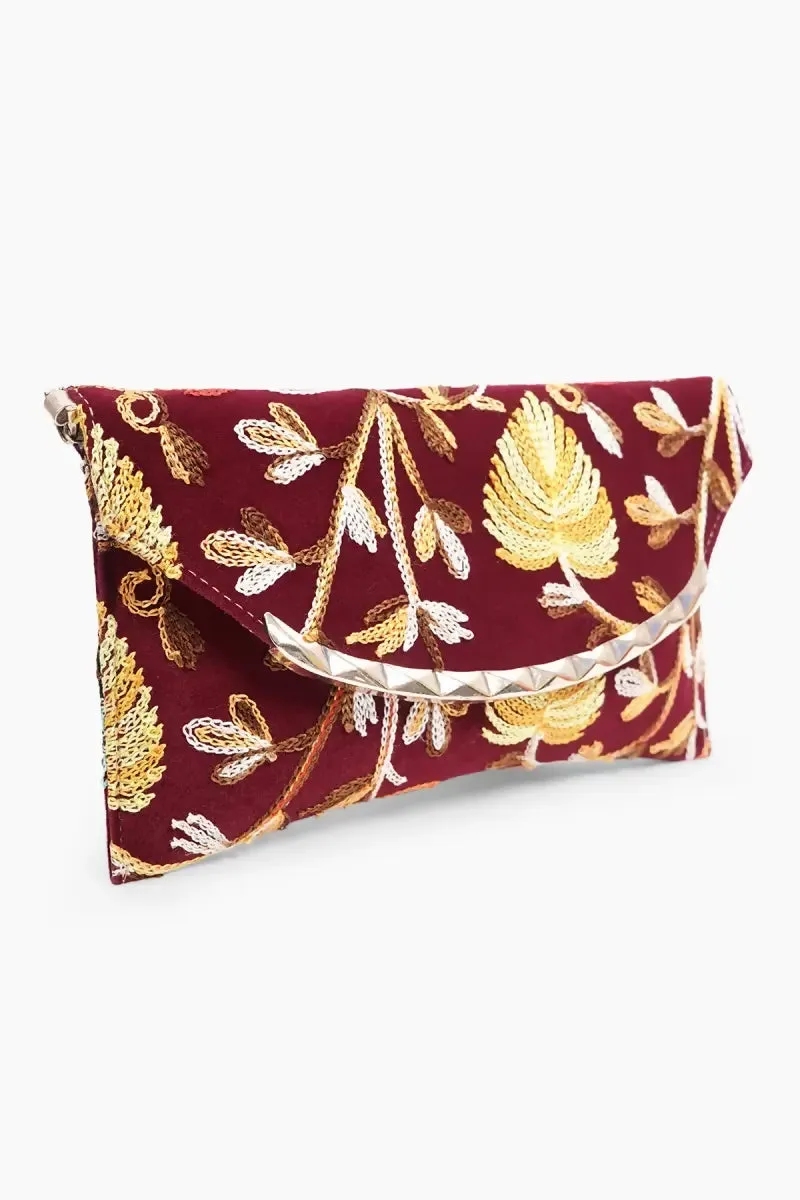 Elegant Embroidered Evening Clutch with Chain Strap for Women( Maroon )