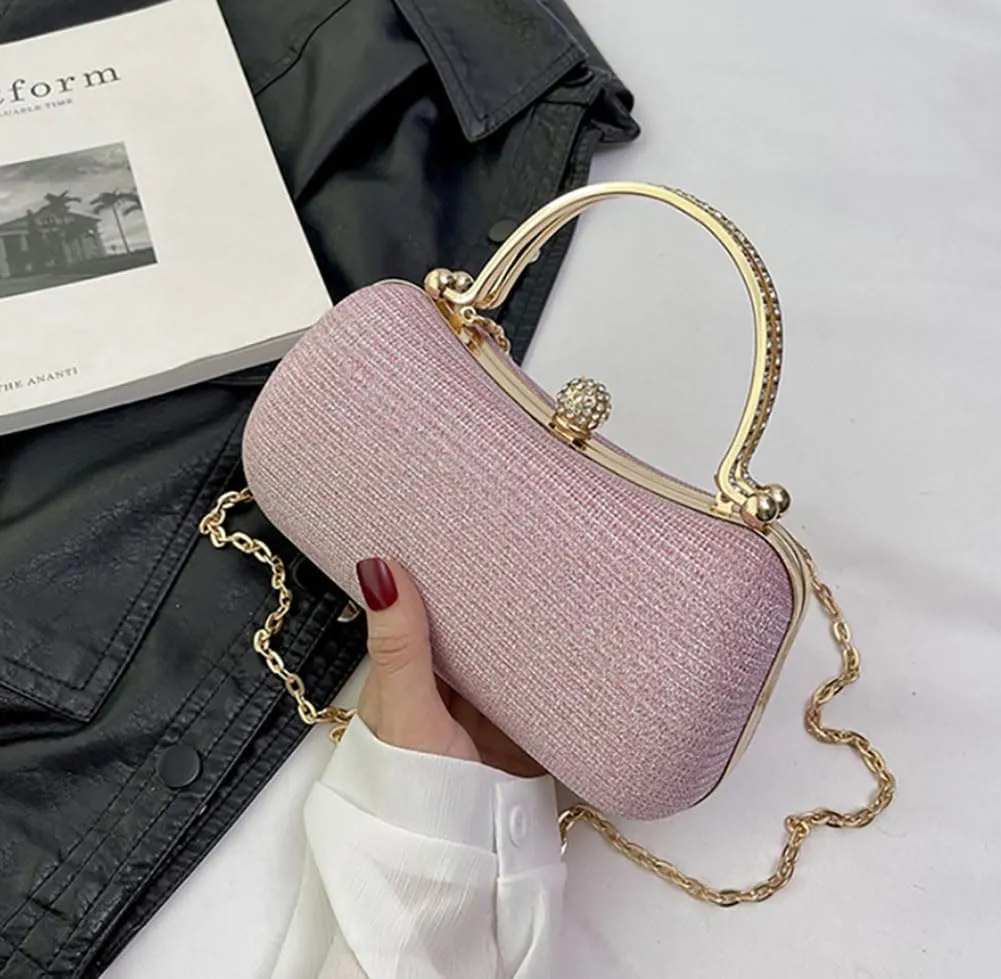 Elegant Evening Clutch Purse with Rhinestone Handle, Gold Chain Strap, 7.8 x 3.9 x 3.1 inches