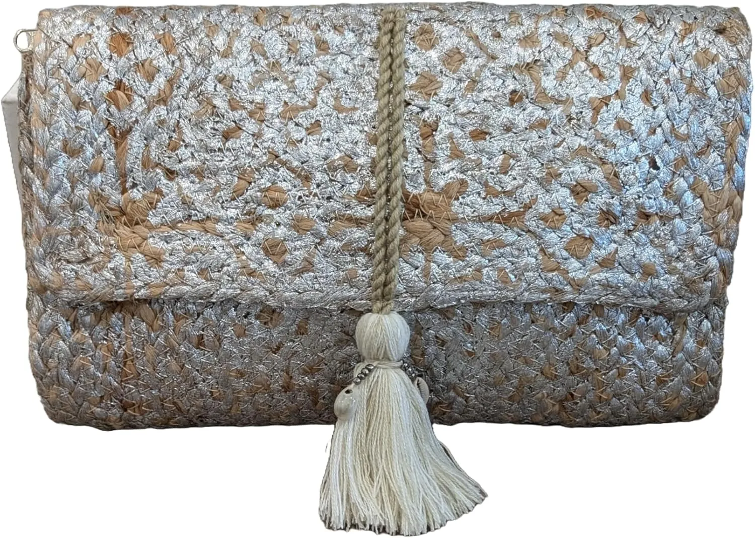 Ella Jute Clutch Purse Metallic Print Bohemian Hipster Beach Wedding Boho Summer Handcrafted in India Handbag Tassel Beads