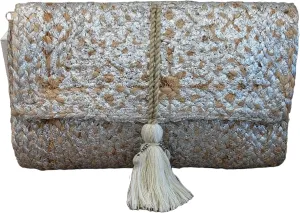 Ella Jute Clutch Purse Metallic Print Bohemian Hipster Beach Wedding Boho Summer Handcrafted in India Handbag Tassel Beads