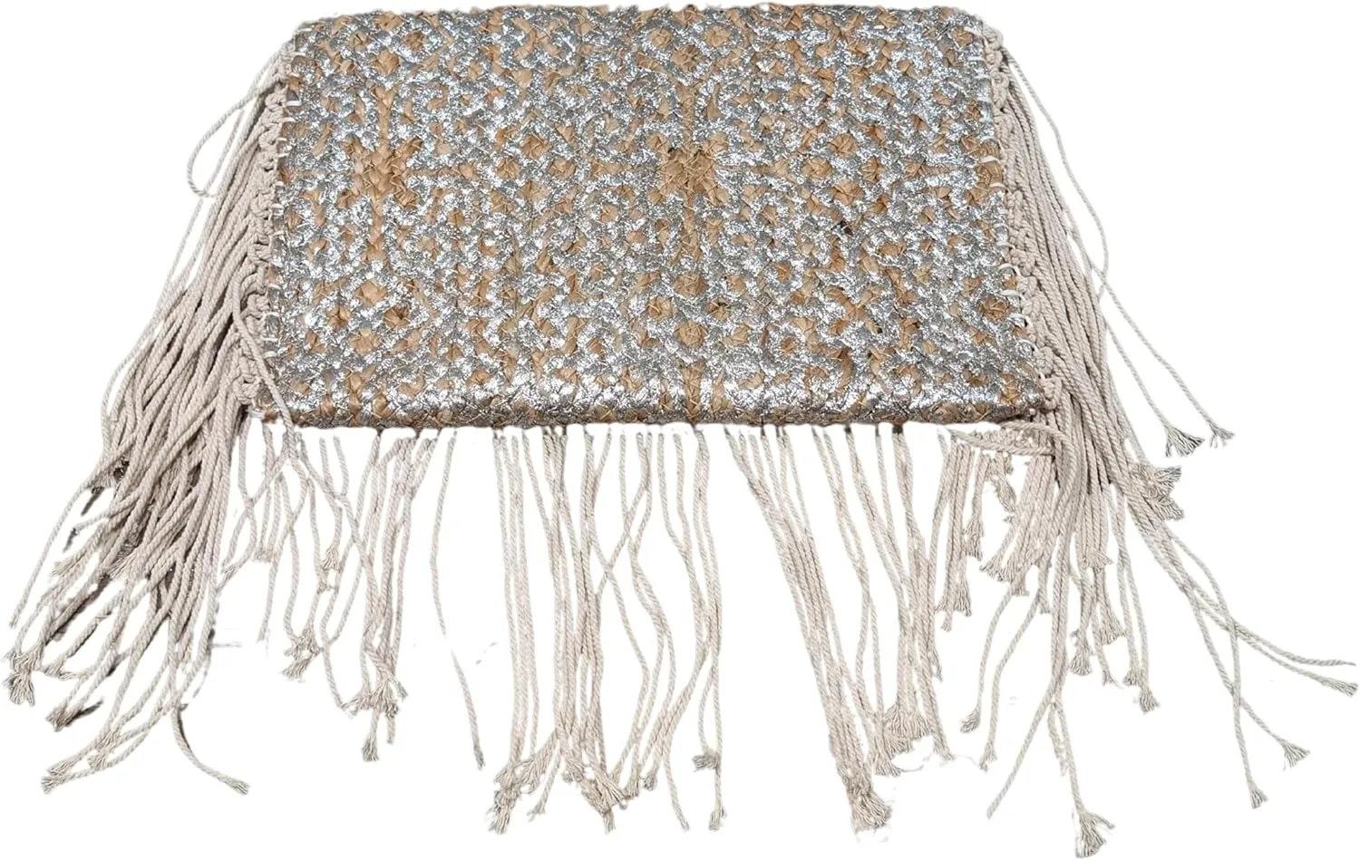 Ella Jute Clutch Purse Metallic Print Bohemian Hipster Beach Wedding Boho Summer Handcrafted in India Handbag Tassel Beads