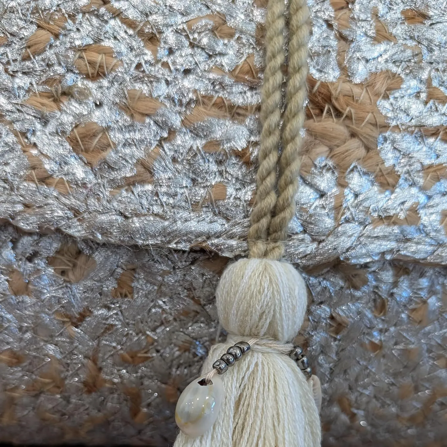 Ella Jute Clutch Purse Metallic Print Bohemian Hipster Beach Wedding Boho Summer Handcrafted in India Handbag Tassel Beads