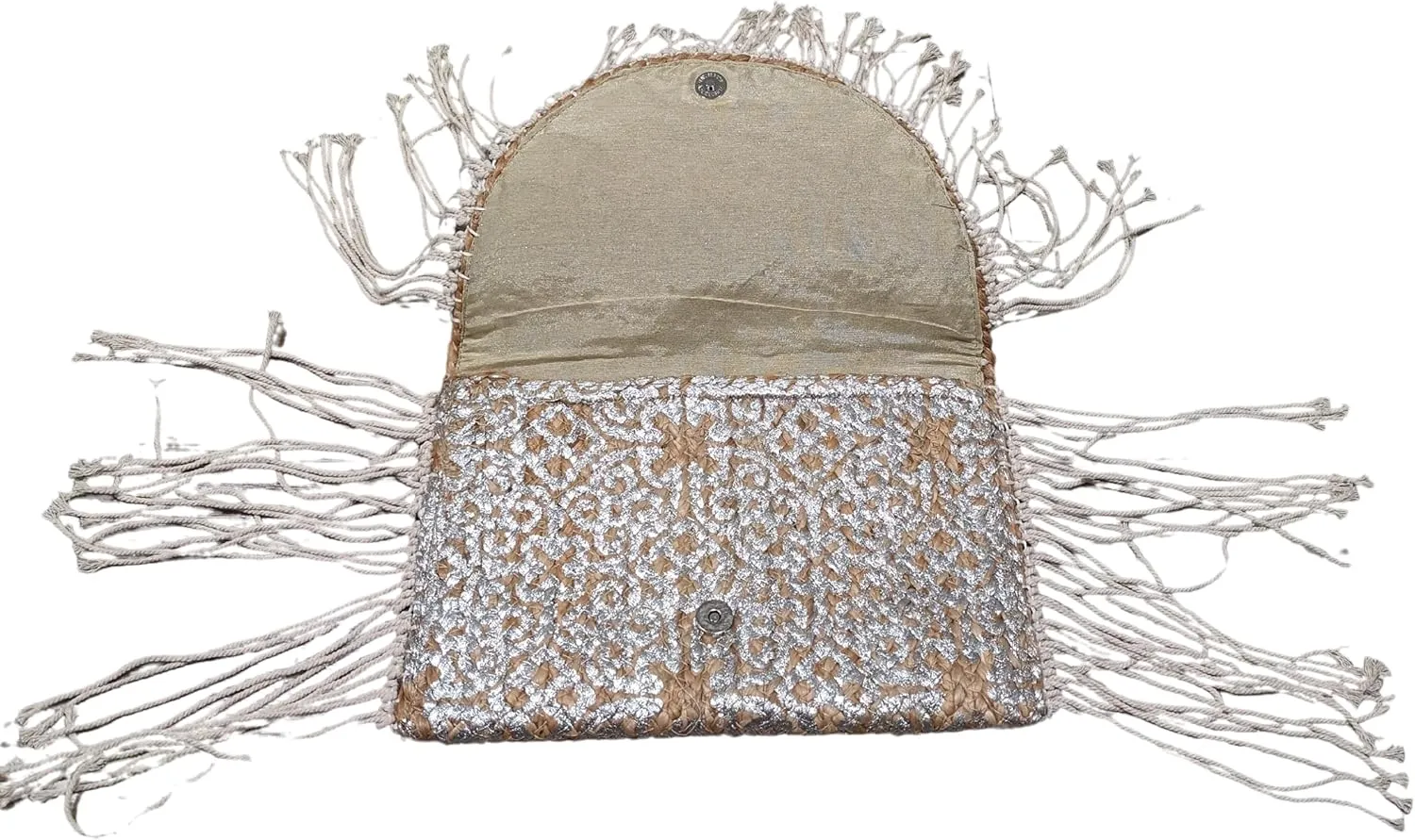 Ella Jute Clutch Purse Metallic Print Bohemian Hipster Beach Wedding Boho Summer Handcrafted in India Handbag Tassel Beads