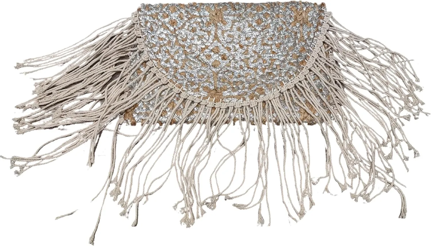 Ella Jute Clutch Purse Metallic Print Bohemian Hipster Beach Wedding Boho Summer Handcrafted in India Handbag Tassel Beads