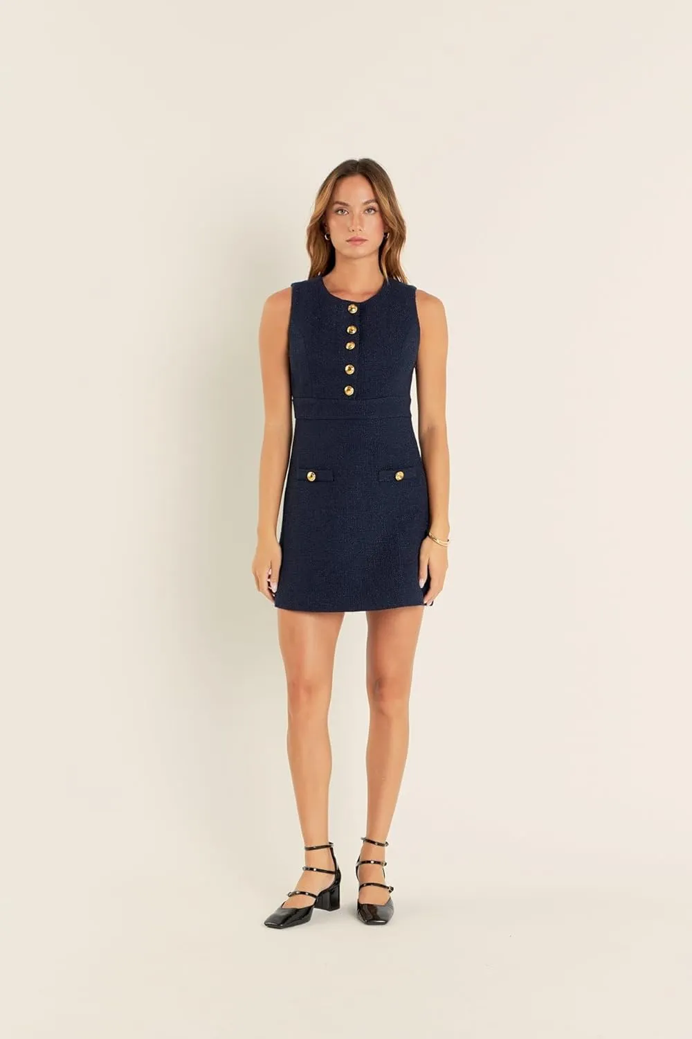 English Factory Women's Gold Button Pointed Tweed Dress