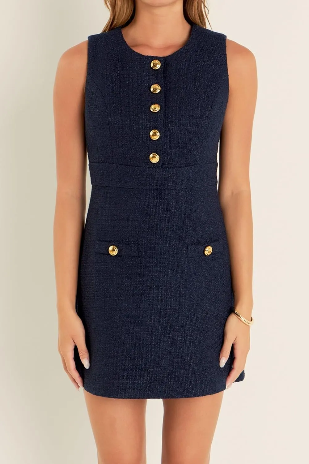 English Factory Women's Gold Button Pointed Tweed Dress