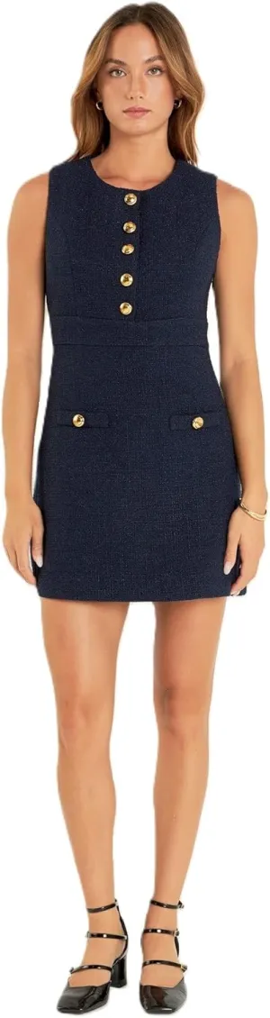 English Factory Women's Gold Button Pointed Tweed Dress