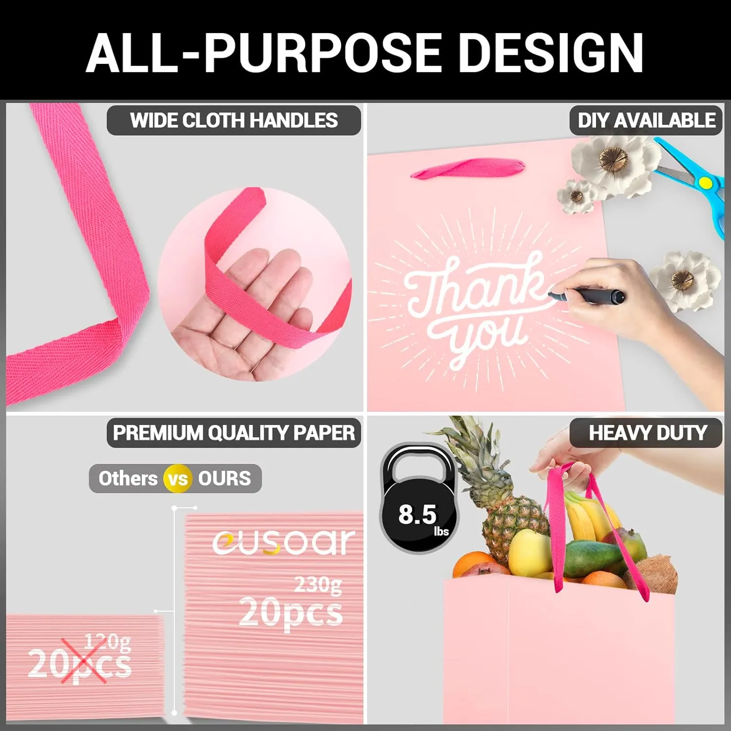 EUSOAR Shopping Bags for Gifts, 7.8x3.9x11 Inches 20pcs Handled Paper Bags, Pink Thick Sturdy Kraft Bag for Merchandise Wrapping, Boutique Business Conference Celebrations