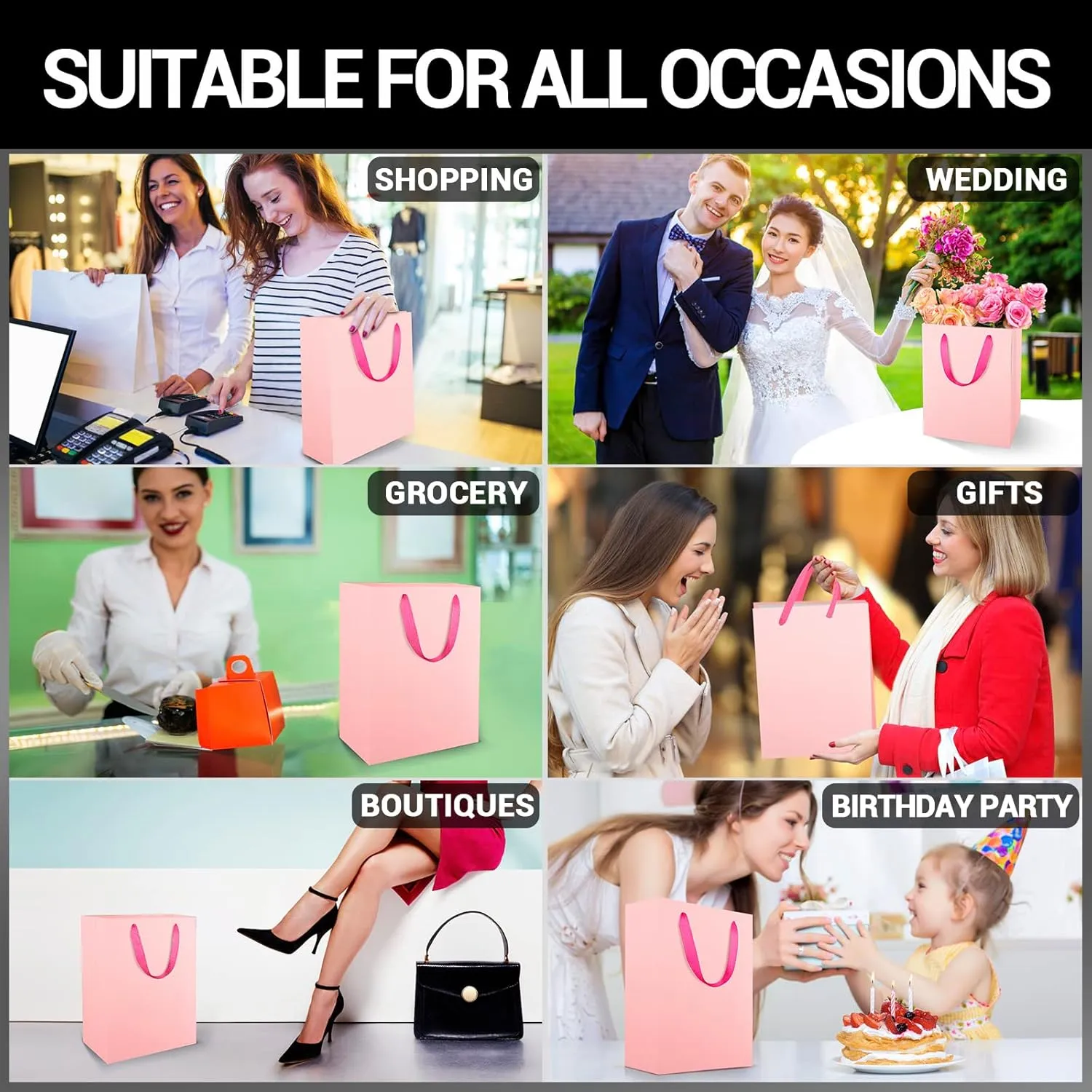 EUSOAR Shopping Bags for Gifts, 7.8x3.9x11 Inches 20pcs Handled Paper Bags, Pink Thick Sturdy Kraft Bag for Merchandise Wrapping, Boutique Business Conference Celebrations
