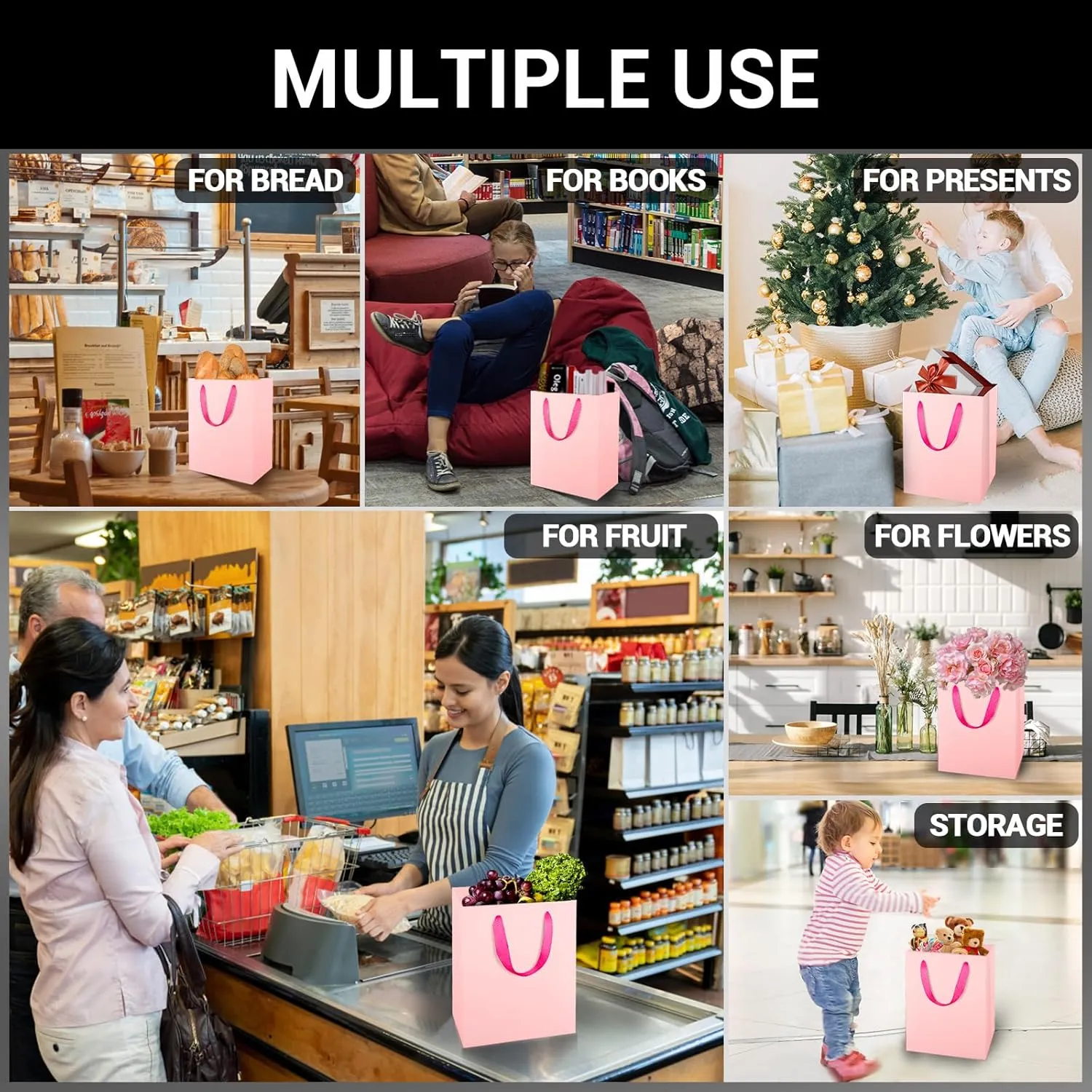 EUSOAR Shopping Bags for Gifts, 7.8x3.9x11 Inches 20pcs Handled Paper Bags, Pink Thick Sturdy Kraft Bag for Merchandise Wrapping, Boutique Business Conference Celebrations