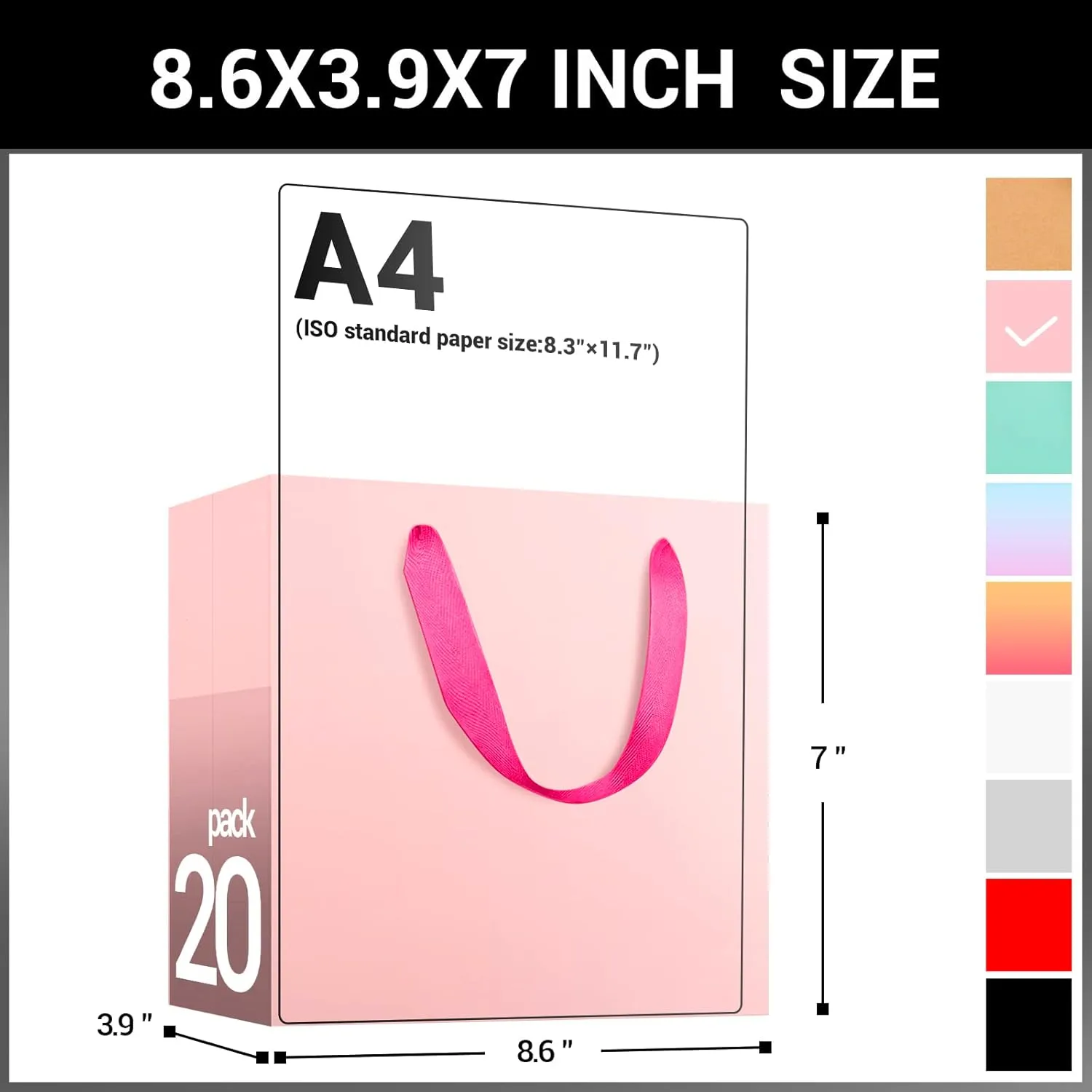 EUSOAR Shopping Bags for Gifts, 8.6x3.9x7 Inches 20pcs Handled Paper Bags, Pink Recyclable Sturdy Kraft Bag for Boutique Business, Craft, Birthday Present