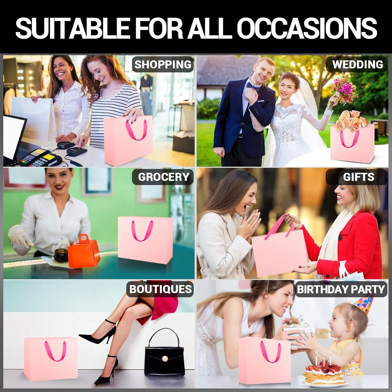 EUSOAR Shopping Bags for Gifts, 8.6x3.9x7 Inches 20pcs Handled Paper Bags, Pink Recyclable Sturdy Kraft Bag for Boutique Business, Craft, Birthday Present