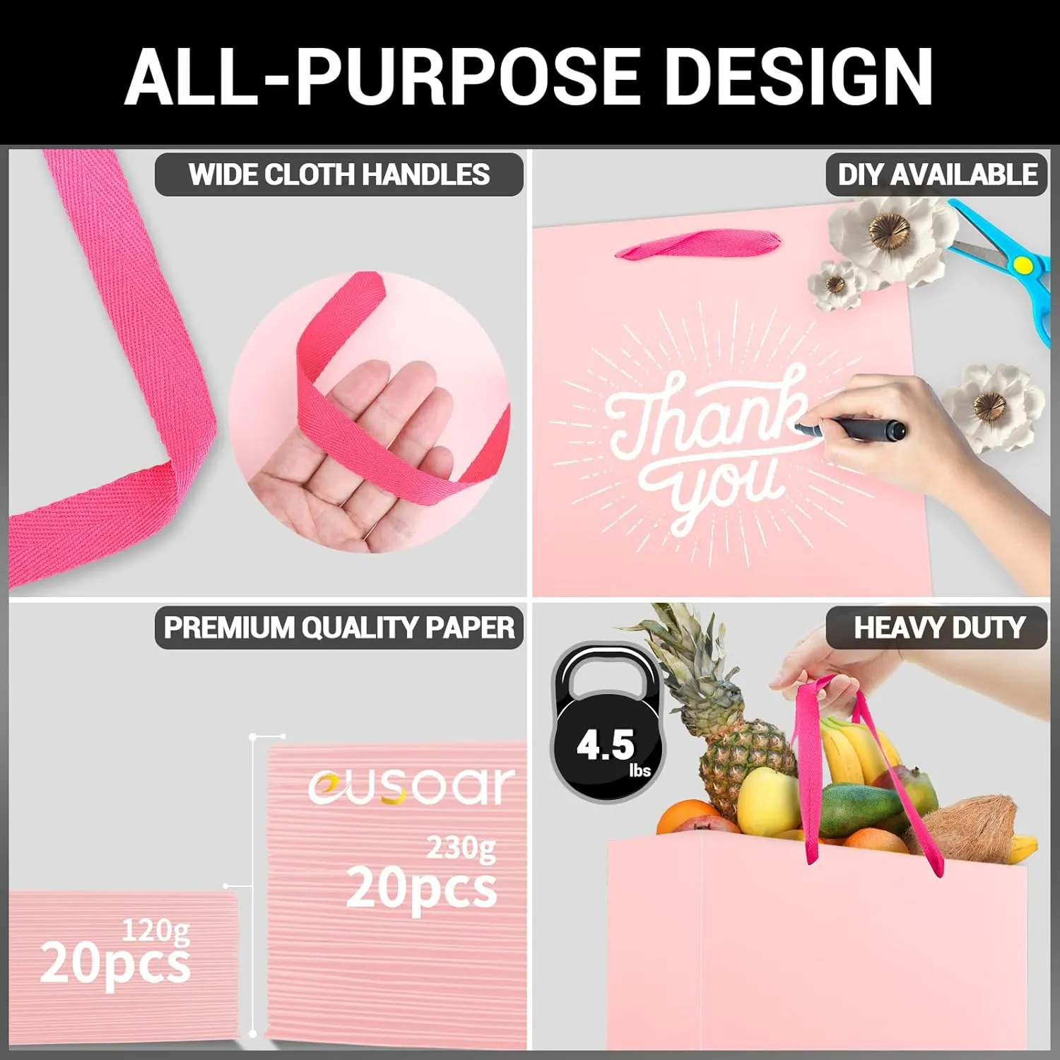 EUSOAR Shopping Bags for Gifts, 8.6x3.9x7 Inches 20pcs Handled Paper Bags, Pink Recyclable Sturdy Kraft Bag for Boutique Business, Craft, Birthday Present