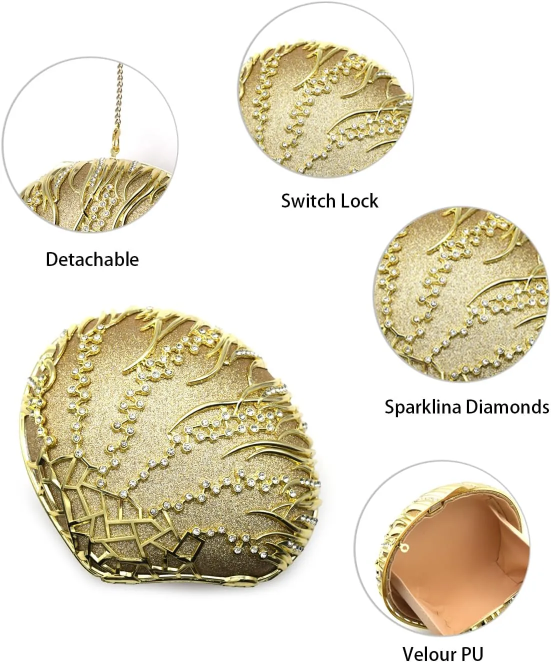 Evening Clutch Purse for Women Formal, Metallic Evening Handbags Metal Chain Shoulder Bag, Rhinestone Purse