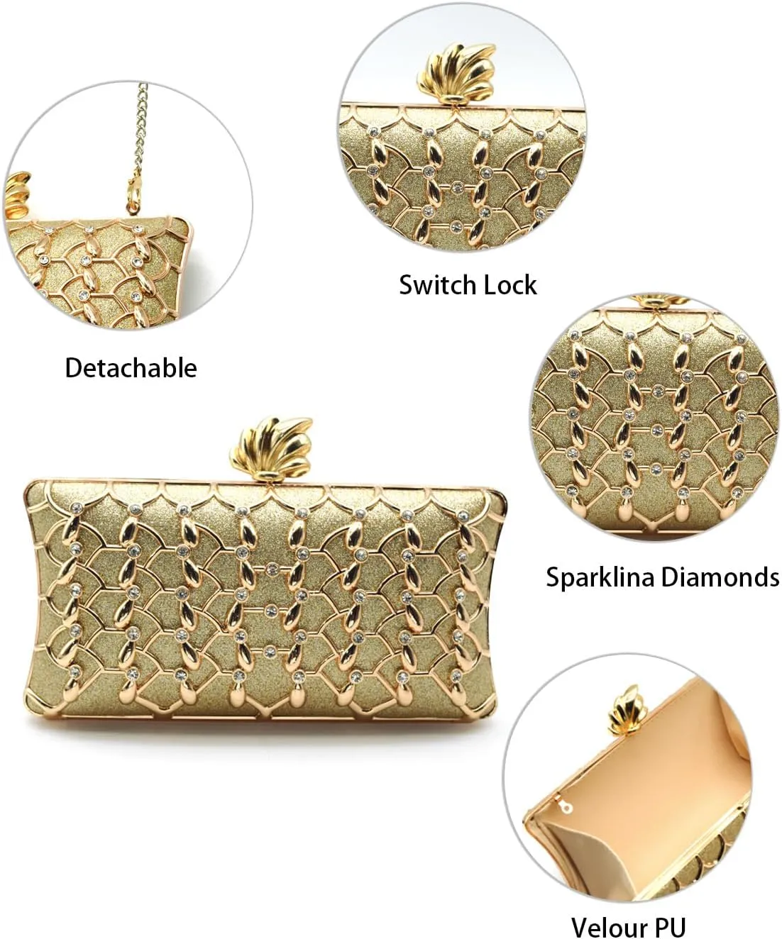 Evening Clutch Purse for Women Formal, Metallic Evening Handbags Metal Chain Shoulder Bag, Rhinestone Purse
