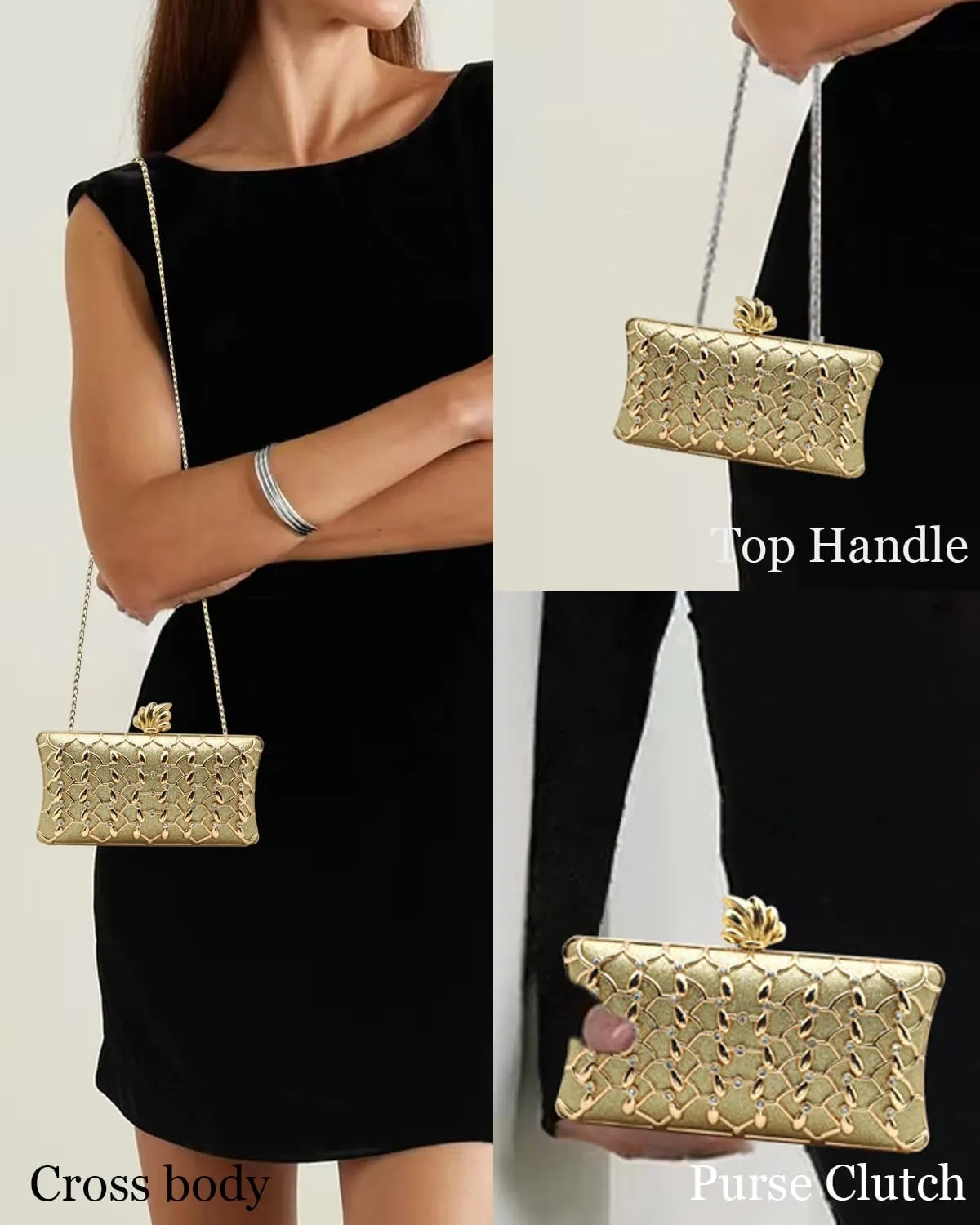 Evening Clutch Purse for Women Formal, Metallic Evening Handbags Metal Chain Shoulder Bag, Rhinestone Purse