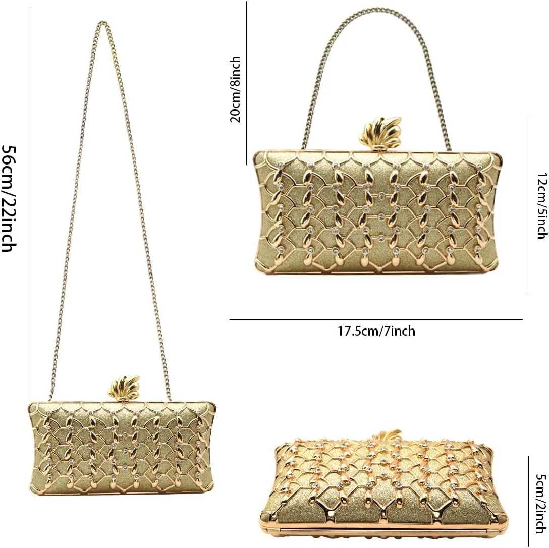 Evening Clutch Purse for Women Formal, Metallic Evening Handbags Metal Chain Shoulder Bag, Rhinestone Purse