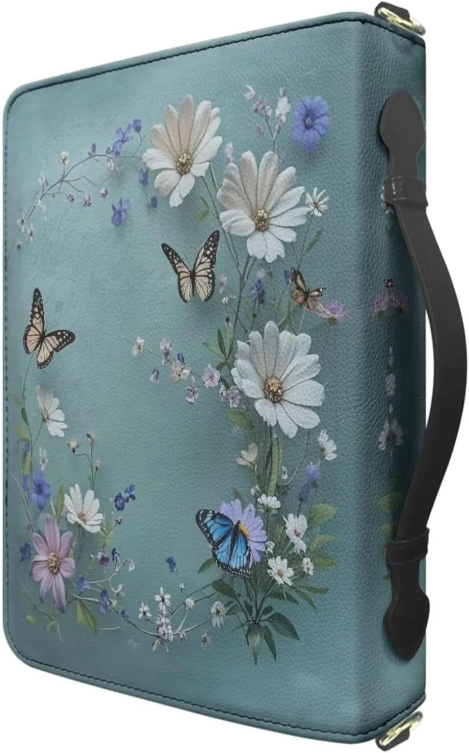 Extra Large Bible Bags for Women, Blue Bible Purse with Strap and Handle, Butterflies and Daisies Print PU Leather Bible Holder with Inner Pockets and Pen Loop, Bible Accessories Women