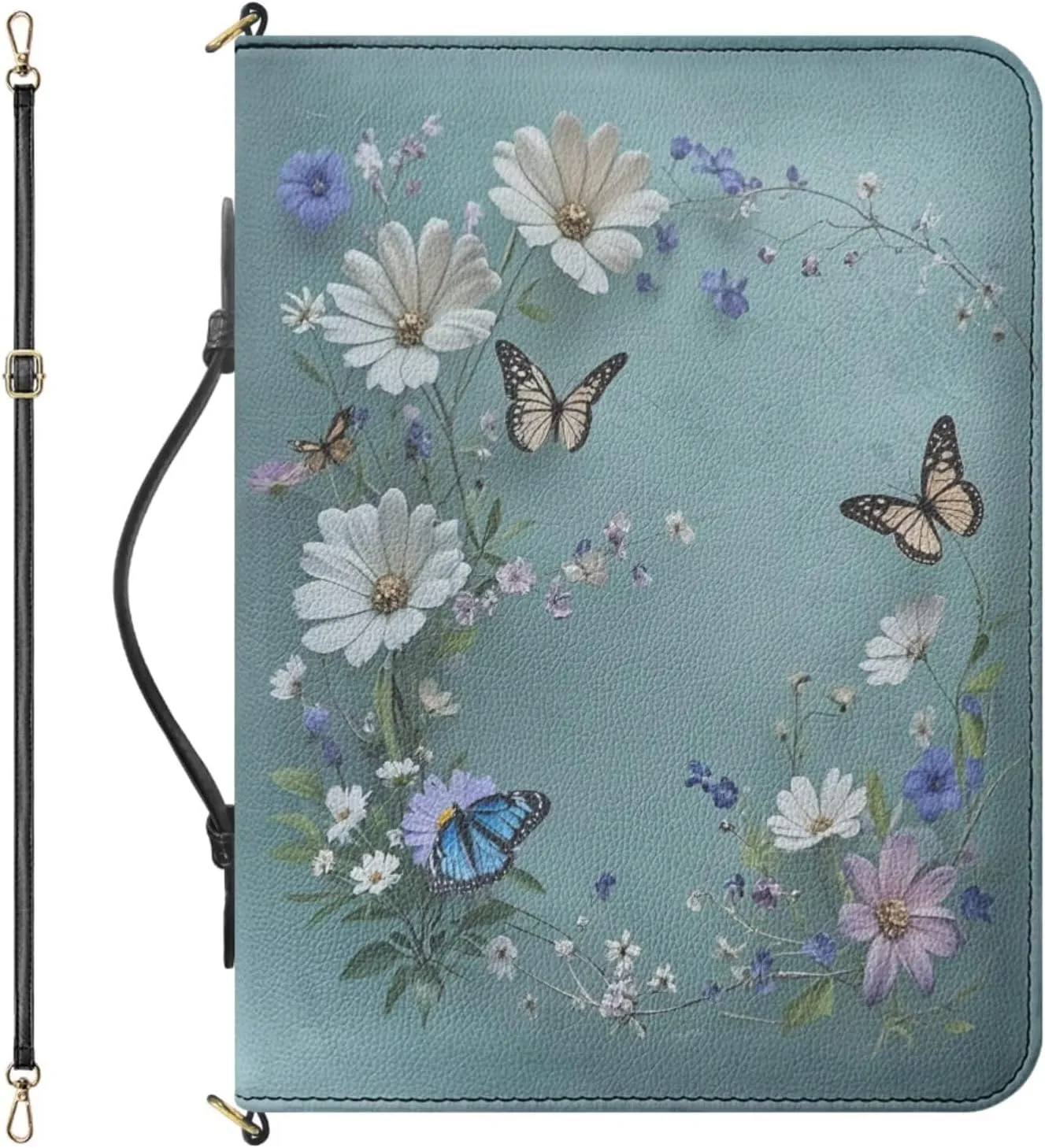 Extra Large Bible Bags for Women, Blue Bible Purse with Strap and Handle, Butterflies and Daisies Print PU Leather Bible Holder with Inner Pockets and Pen Loop, Bible Accessories Women