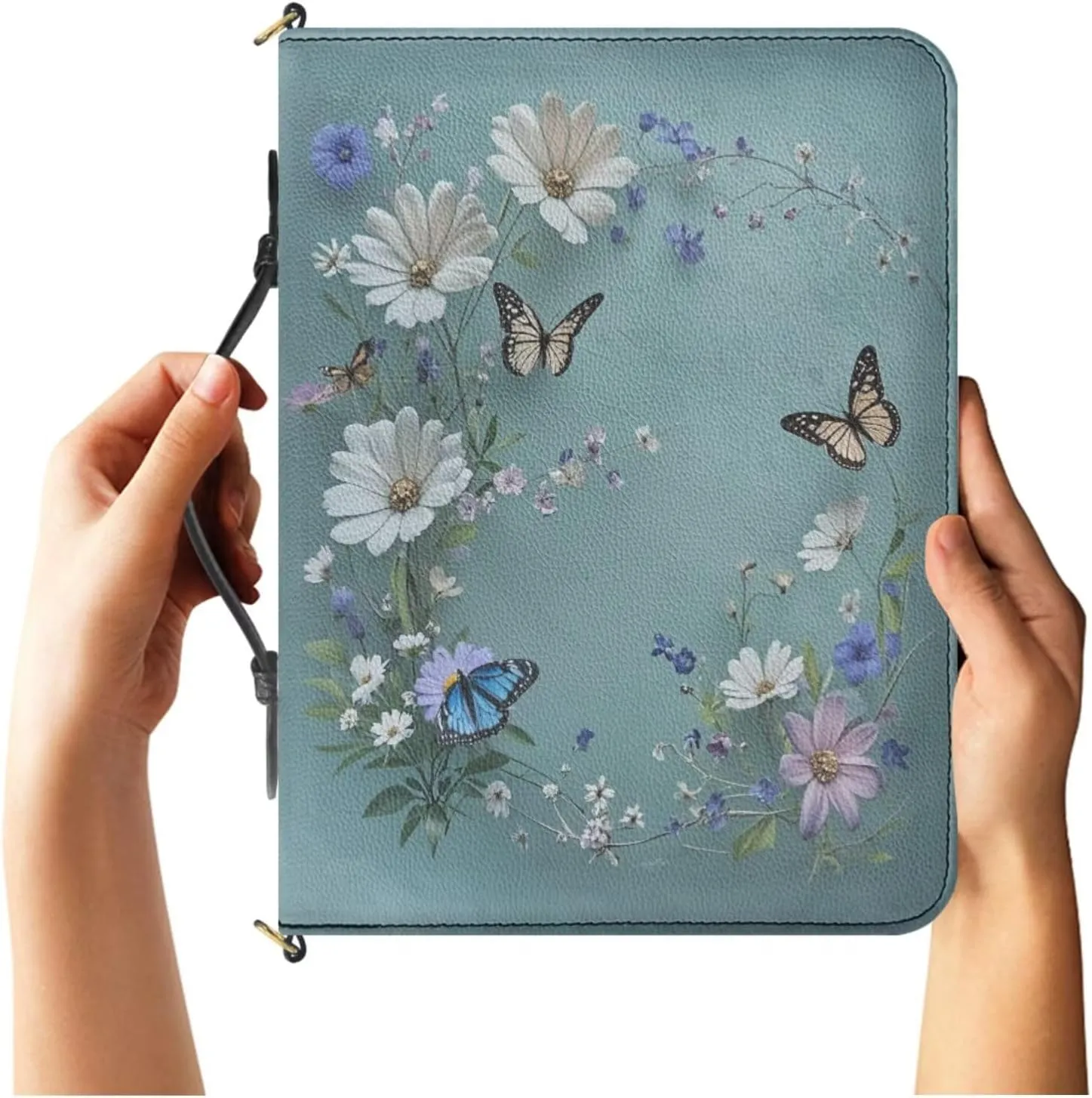Extra Large Bible Bags for Women, Blue Bible Purse with Strap and Handle, Butterflies and Daisies Print PU Leather Bible Holder with Inner Pockets and Pen Loop, Bible Accessories Women