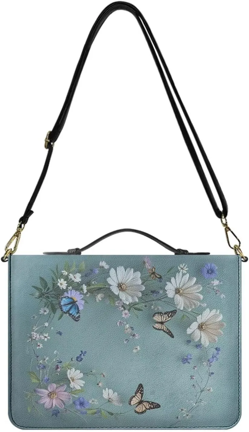 Extra Large Bible Bags for Women, Blue Bible Purse with Strap and Handle, Butterflies and Daisies Print PU Leather Bible Holder with Inner Pockets and Pen Loop, Bible Accessories Women