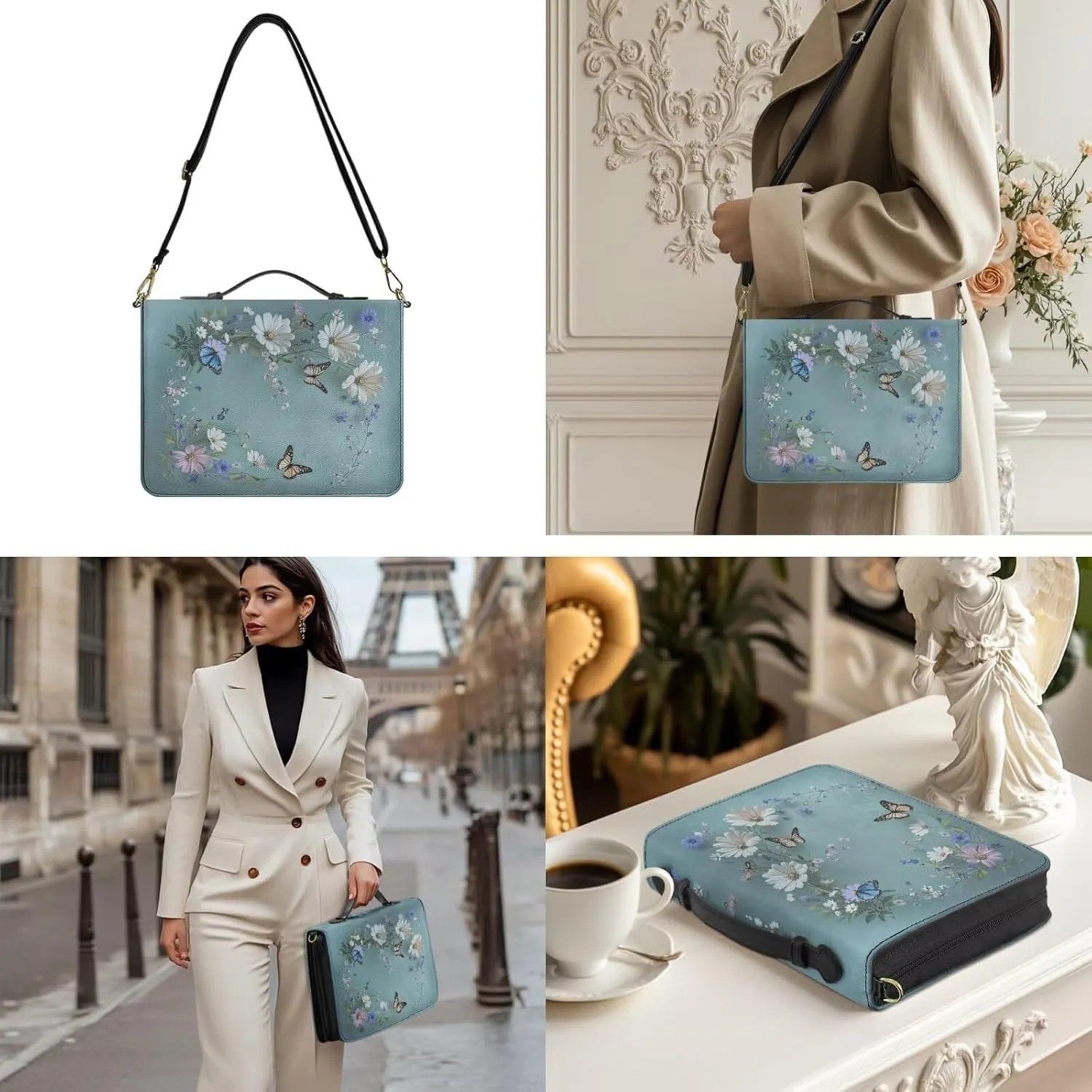 Extra Large Bible Bags for Women, Blue Bible Purse with Strap and Handle, Butterflies and Daisies Print PU Leather Bible Holder with Inner Pockets and Pen Loop, Bible Accessories Women