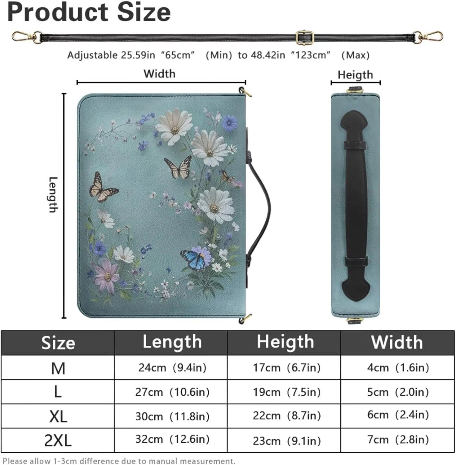 Extra Large Bible Bags for Women, Blue Bible Purse with Strap and Handle, Butterflies and Daisies Print PU Leather Bible Holder with Inner Pockets and Pen Loop, Bible Accessories Women