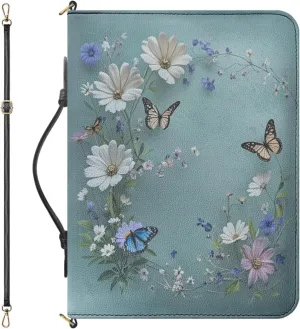 Extra Large Bible Bags for Women, Blue Bible Purse with Strap and Handle, Butterflies and Daisies Print PU Leather Bible Holder with Inner Pockets and Pen Loop, Bible Accessories Women