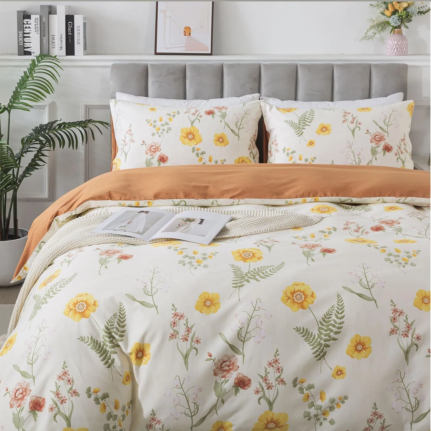 FADFAY Duvet Cover Sets Twin Size 100% Brushed Cotton Yellow Marigold Floral Patterned Comforter Cover French Country Bedding for All Season Soft Reversible Bed Cover with Zipper 3Pcs