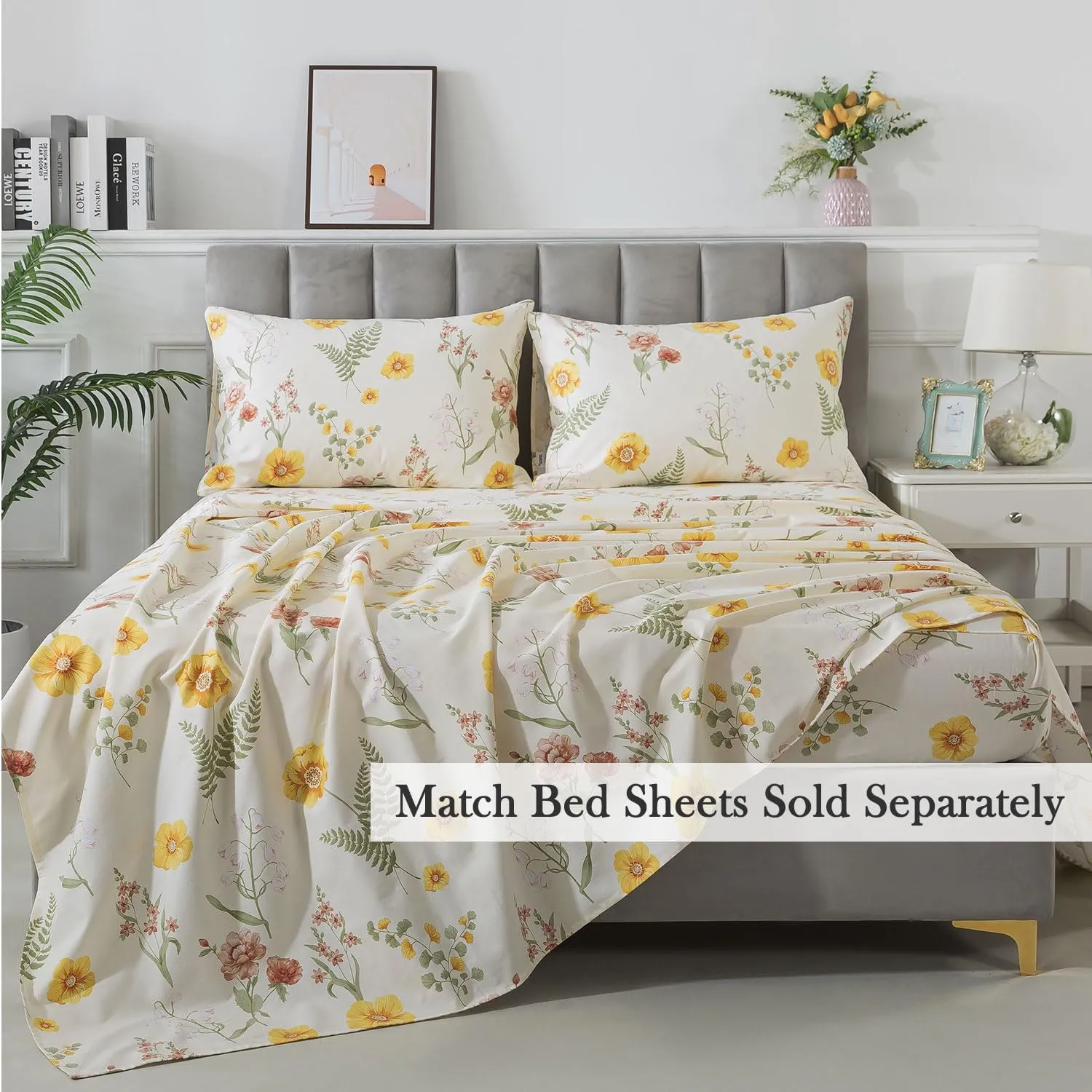 FADFAY Duvet Cover Sets Twin Size 100% Brushed Cotton Yellow Marigold Floral Patterned Comforter Cover French Country Bedding for All Season Soft Reversible Bed Cover with Zipper 3Pcs