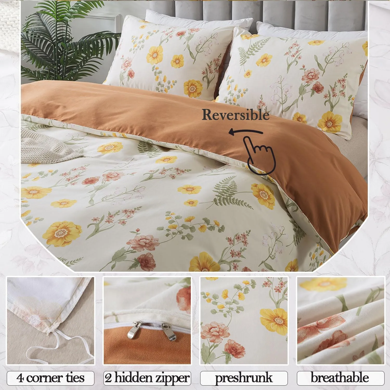 FADFAY Duvet Cover Sets Twin Size 100% Brushed Cotton Yellow Marigold Floral Patterned Comforter Cover French Country Bedding for All Season Soft Reversible Bed Cover with Zipper 3Pcs