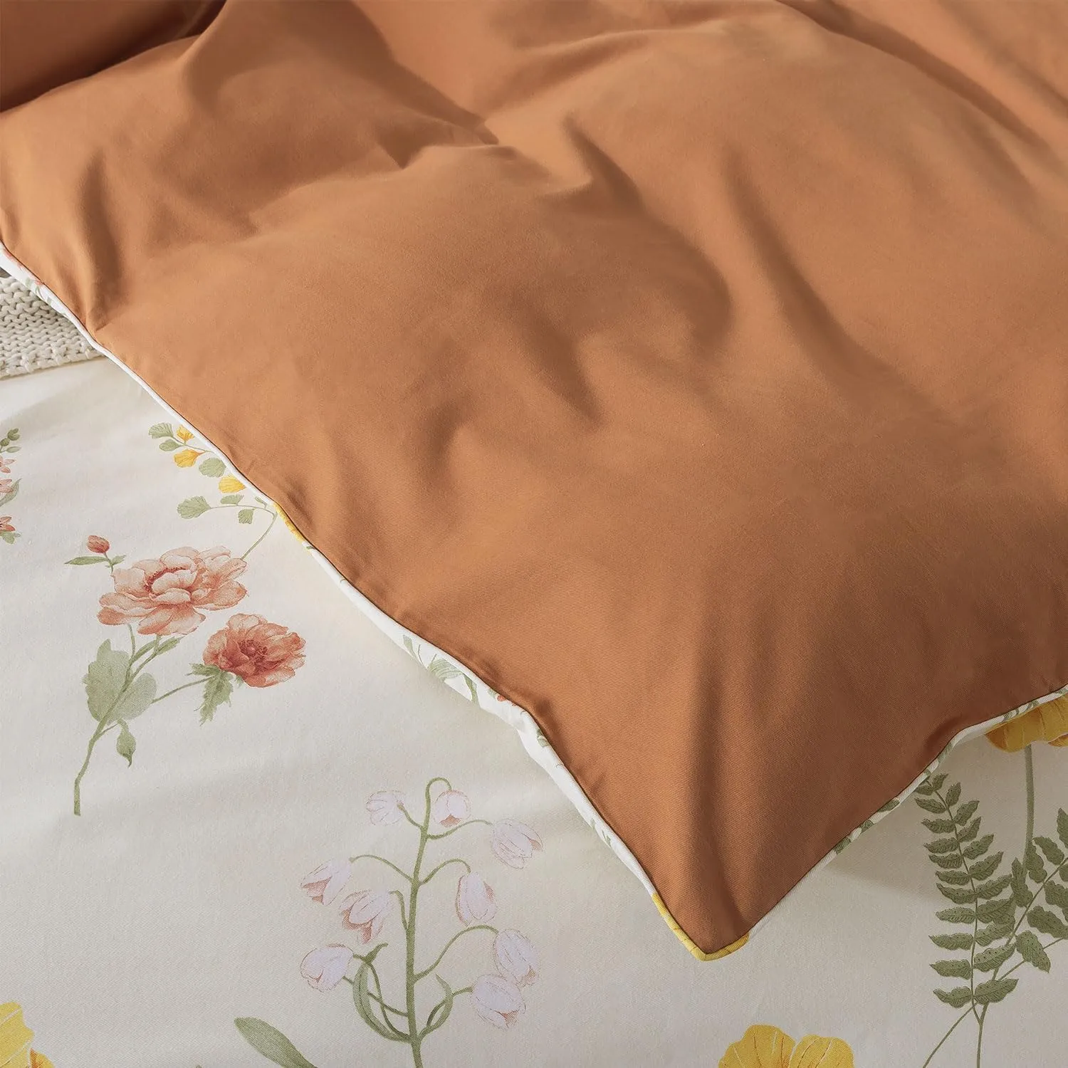 FADFAY Duvet Cover Sets Twin Size 100% Brushed Cotton Yellow Marigold Floral Patterned Comforter Cover French Country Bedding for All Season Soft Reversible Bed Cover with Zipper 3Pcs
