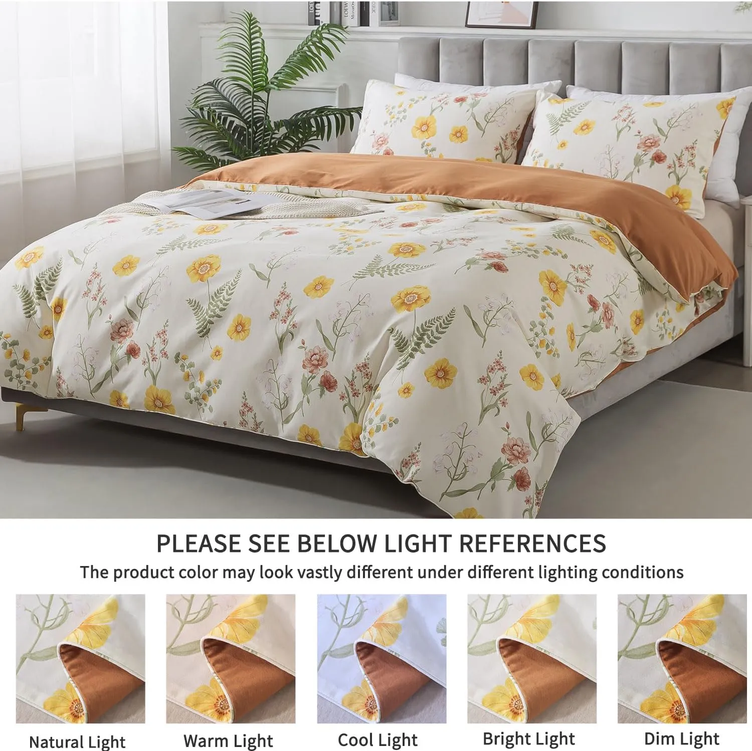 FADFAY Duvet Cover Sets Twin Size 100% Brushed Cotton Yellow Marigold Floral Patterned Comforter Cover French Country Bedding for All Season Soft Reversible Bed Cover with Zipper 3Pcs