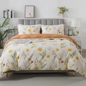 FADFAY Duvet Cover Sets Twin Size 100% Brushed Cotton Yellow Marigold Floral Patterned Comforter Cover French Country Bedding for All Season Soft Reversible Bed Cover with Zipper 3Pcs