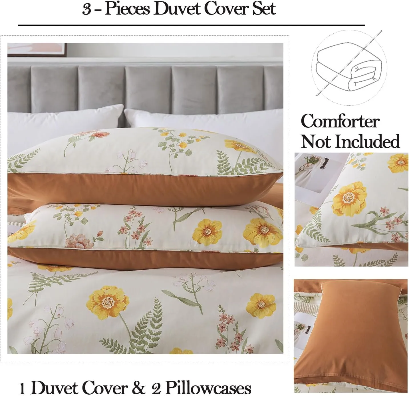 FADFAY Duvet Cover Sets Twin Size 100% Brushed Cotton Yellow Marigold Floral Patterned Comforter Cover French Country Bedding for All Season Soft Reversible Bed Cover with Zipper 3Pcs