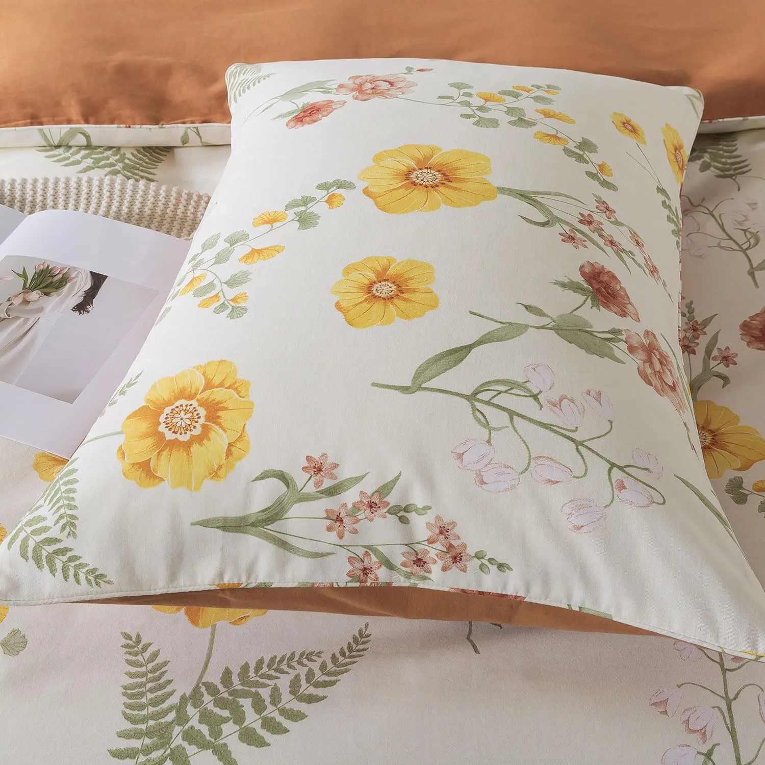 FADFAY Duvet Cover Sets Twin Size 100% Brushed Cotton Yellow Marigold Floral Patterned Comforter Cover French Country Bedding for All Season Soft Reversible Bed Cover with Zipper 3Pcs