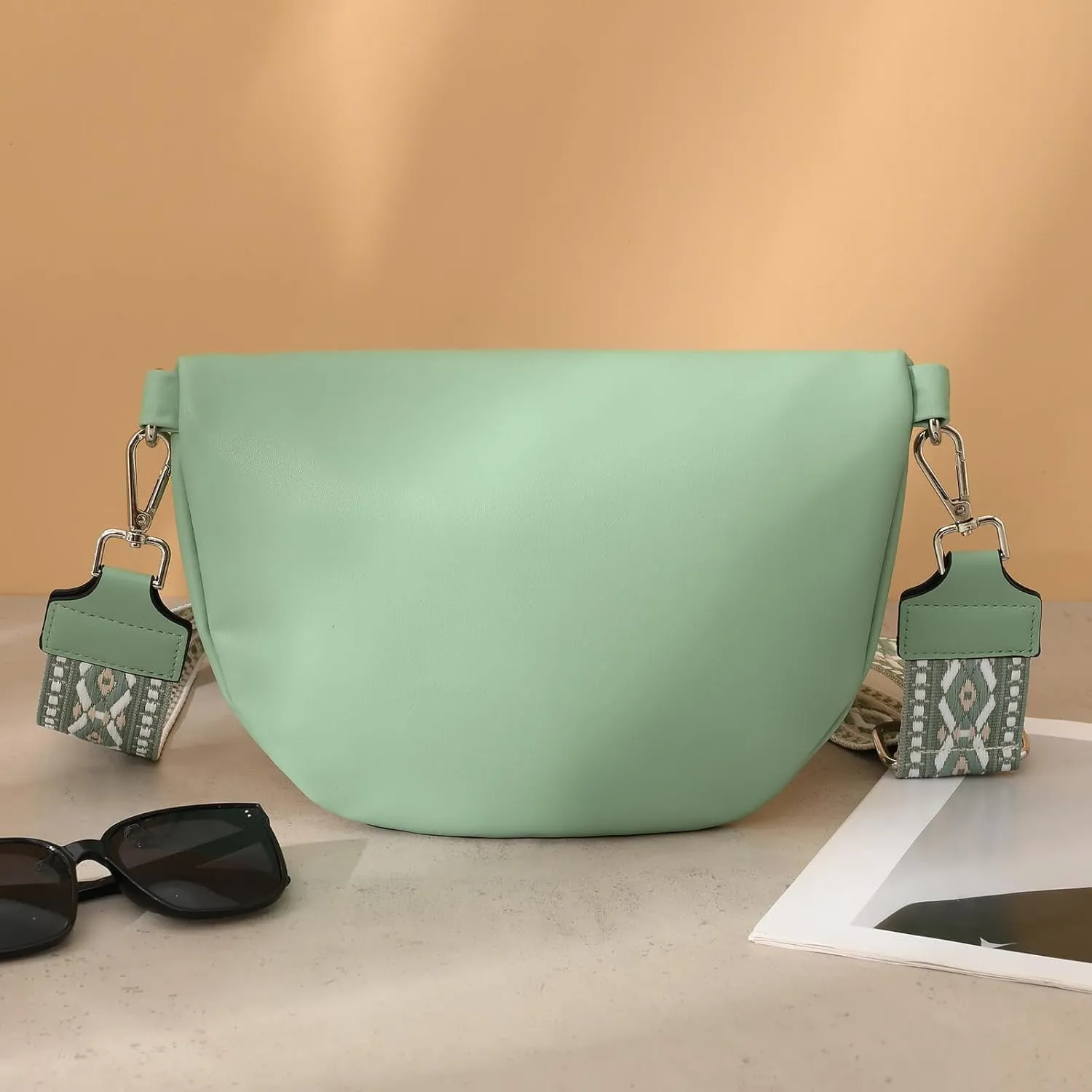 Fanny Packs - Cross Body Belt Bags with Guitar Strap PU Leather for Travel Everyday (Green)